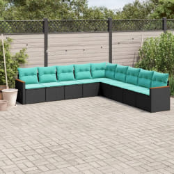 vidaXL Salon de jardin 9 pcs avec coussins noir résine tressée