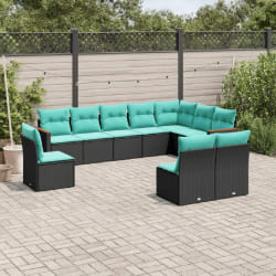 vidaXL Salon de jardin 10 pcs avec coussins noir résine tressée