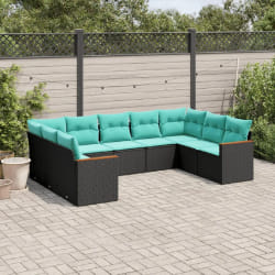 vidaXL Salon de jardin 9 pcs avec coussins noir résine tressée