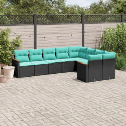vidaXL Salon de jardin 9 pcs avec coussins noir résine tressée