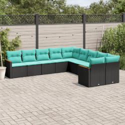 vidaXL Salon de jardin 10 pcs avec coussins noir résine tressée