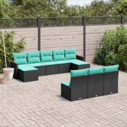 vidaXL Salon de jardin 10 pcs avec coussins noir résine tressée