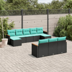 vidaXL Salon de jardin 10 pcs avec coussins noir résine tressée