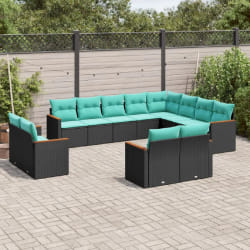 vidaXL Salon de jardin avec coussins 12 pcs noir résine tressée