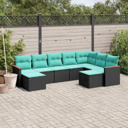 vidaXL Salon de jardin 9 pcs avec coussins noir résine tressée