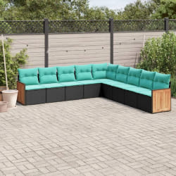 vidaXL Salon de jardin 9 pcs avec coussins noir résine tressée