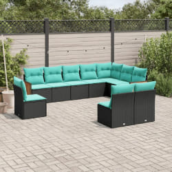 vidaXL Salon de jardin 10 pcs avec coussins noir résine tressée