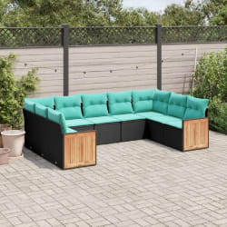 vidaXL Salon de jardin 9 pcs avec coussins noir résine tressée