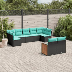 vidaXL Salon de jardin 9 pcs avec coussins noir résine tressée