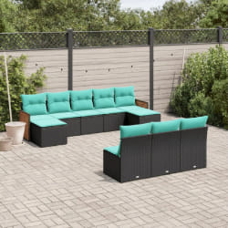 vidaXL Salon de jardin 10 pcs avec coussins noir résine tressée