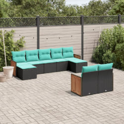 vidaXL Salon de jardin 9 pcs avec coussins noir résine tressée