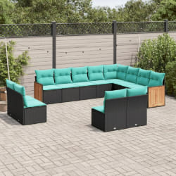 vidaXL Salon de jardin avec coussins 12 pcs noir résine tressée