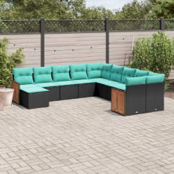 vidaXL Salon de jardin 11 pcs avec coussins noir résine tressée