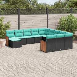 vidaXL Salon de jardin avec coussins 12 pcs noir résine tressée