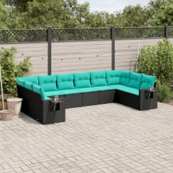 vidaXL Salon de jardin 10 pcs avec coussins noir résine tressée