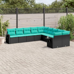 vidaXL Salon de jardin 10 pcs avec coussins noir résine tressée