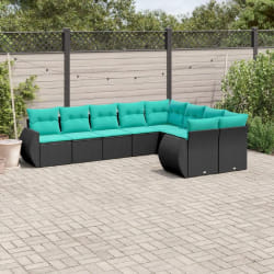 vidaXL Salon de jardin 9 pcs avec coussins noir résine tressée