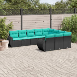 vidaXL Salon de jardin 10 pcs avec coussins noir résine tressée