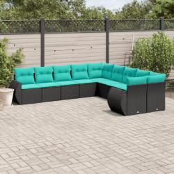 vidaXL Salon de jardin 10 pcs avec coussins noir résine tressée