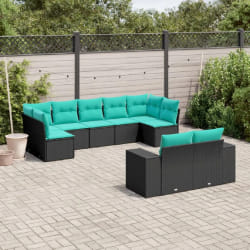 vidaXL Salon de jardin 9 pcs avec coussins noir résine tressée