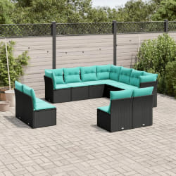 vidaXL Salon de jardin 11 pcs avec coussins noir résine tressée