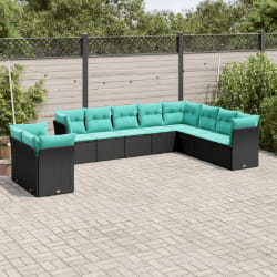 vidaXL Salon de jardin 10 pcs avec coussins noir résine tressée