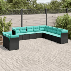 vidaXL Salon de jardin 11 pcs avec coussins noir résine tressée