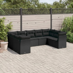 vidaXL Salon de jardin 9 pcs avec coussins noir résine tressée
