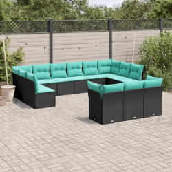 vidaXL Salon de jardin avec coussins 13 pcs noir résine tressée