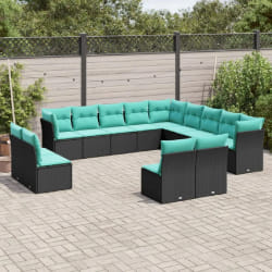 vidaXL Salon de jardin avec coussins 13 pcs noir résine tressée