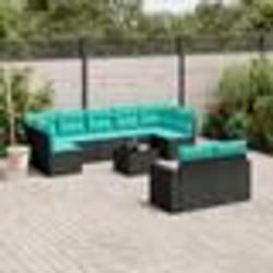 vidaXL Salon de jardin 10 pcs avec coussins noir résine tressée