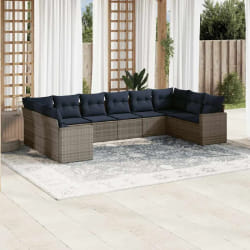 vidaXL Salon de jardin 10 pcs avec coussins gris résine tressée