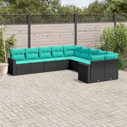 vidaXL Salon de jardin 10 pcs avec coussins noir résine tressée