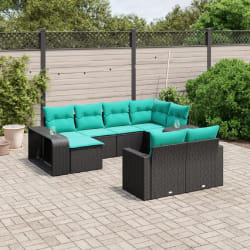 vidaXL Salon de jardin 10 pcs avec coussins noir résine tressée