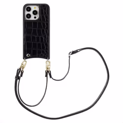 Coque de téléphone Nova Croco avec cordon et porte-cartes iPhone 14 Pro Noir Selencia