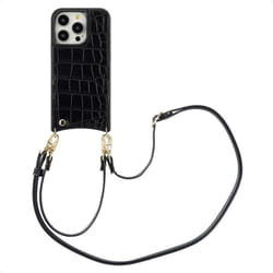 Coque de téléphone Nova Croco avec cordon et porte-cartes iPhone 14 Pro Noir Selencia