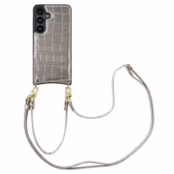 Coque de téléphone Nova Croco avec cordon et porte-cartes Samsung Galaxy S24 Argent Selencia