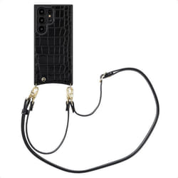 Coque de téléphone Nova Croco avec cordon et porte-cartes Samsung Galaxy S24 Ultra Noir Selencia