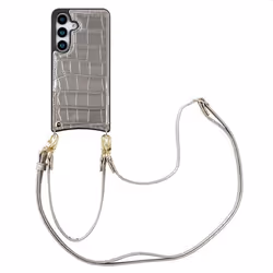 Coque de téléphone Nova Croco avec cordon et porte-cartes Samsung Galaxy S25 Argent Selencia