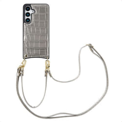 Coque de téléphone Nova Croco avec cordon et porte-cartes Samsung Galaxy S25 Argent Selencia