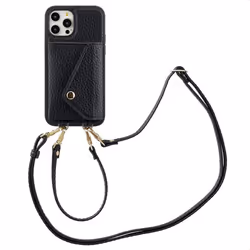 Coque de téléphone Sera avec cordon et porte-cartes enveloppe iPhone 12 (Pro) Noir Selencia
