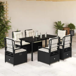 vidaXL Ensemble à manger de jardin coussins 7pcs Noir Résine tressée