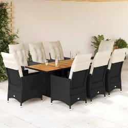 vidaXL Ensemble à manger de jardin 9pcs coussins noir résine tressée