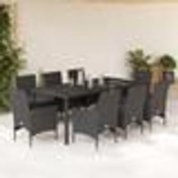 vidaXL Ensemble à manger de jardin et coussins 9 pcs noir rotin verre
