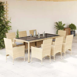 vidaXL Ensemble à manger de jardin et coussins 9 pcs beige rotin verre