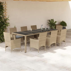 vidaXL Ensemble à manger de jardin et coussins 9 pcs beige rotin verre