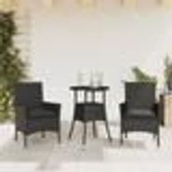 vidaXL Ensemble à manger de jardin et coussins 3 pcs noir rotin verre