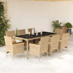 vidaXL Ensemble à manger de jardin et coussins 9 pcs beige rotin verre