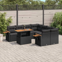 vidaXL Salon de jardin 9 pcs avec coussins noir résine tressée
