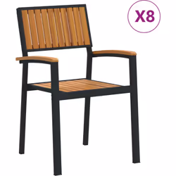 Cet ensemble de chaises de salle à manger d'extérieur a un cadre en acier noir cool avec des lattes en bois d'acacia massif s ...